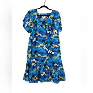 Vintage Hawaiian Togs Blue Floral Ruffled Midi Dress Womens M Cotton Tropical